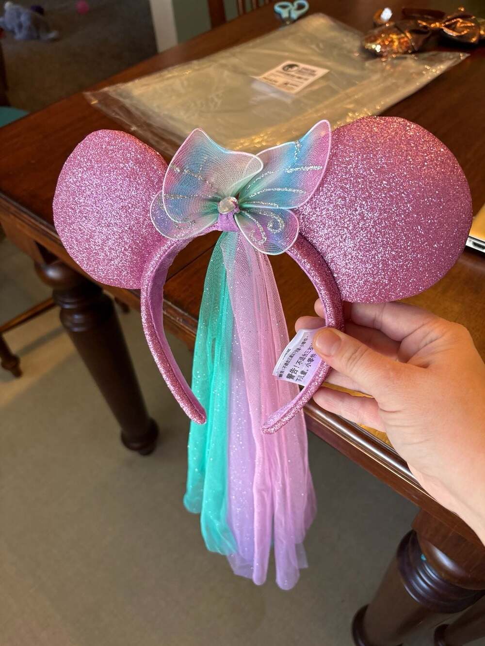 Disney Parks Minnie Mouse Pink Glitter Fairy Wings Veil Headband